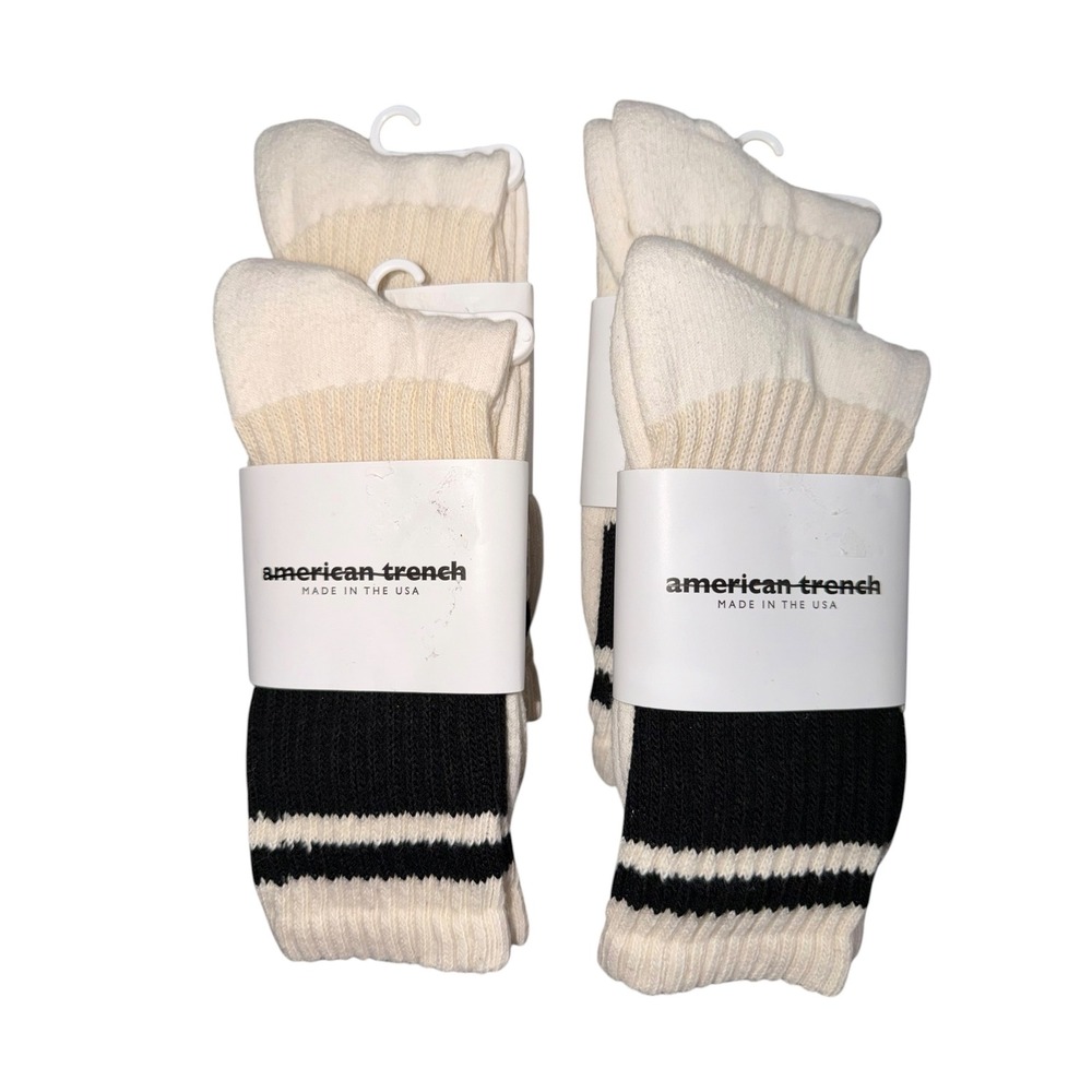 American Trench Retro Crew Socks Lot 4 Pair NIP Made USA White Black Stripe